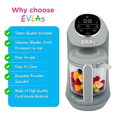 EVLA'S Baby Food Maker, Steamer, Blender, Baby Food Processor for Healthy Homemade Baby Food in Minutes, Touch Screen with 6 Reusable Food Pouches, Baby Registry Essential, Grey Gray