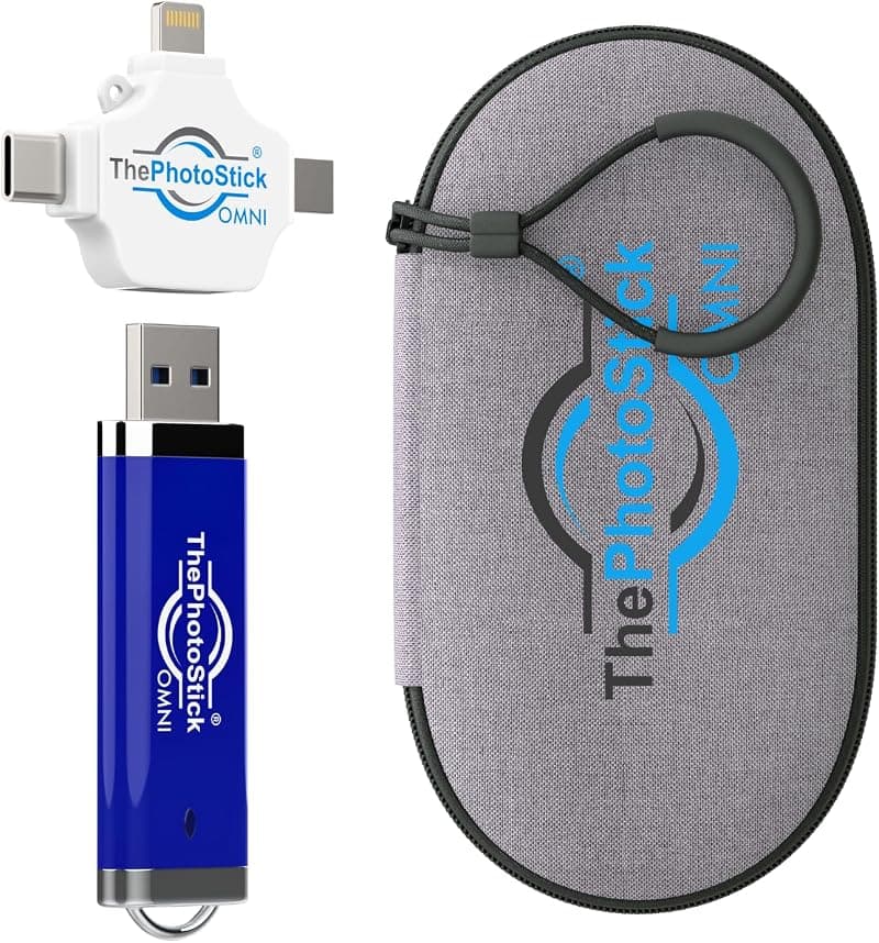 ThePhotoStick Omni 256GB — Photo Backup for iPhone, Android + Portable Case