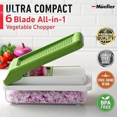Mueller Vegetable Chopper, Mandoline Slicer, Food Veggie Chopper, Cheese Grater, Onion Vegetable Cutter with Container, Dicer, Kitchen Gadgets & Essentials, White Sand/Green White Sand/Green 6 blades