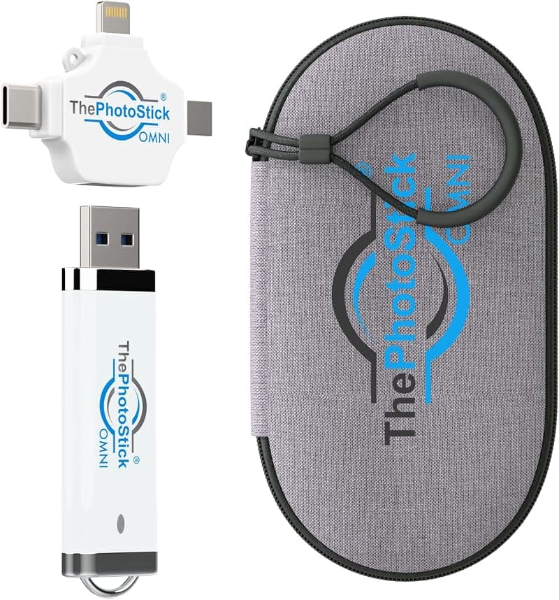 ThePhotoStick Omni 32GB — Photo Backup for iPhone, Android + Portable Case