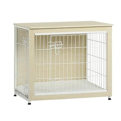 DWANTON 32.5" Dog Crate Furniture with Cushion, Wooden Kennel Table Indoor White Oak 32.5"L x 21.9"W x 25.6"H
