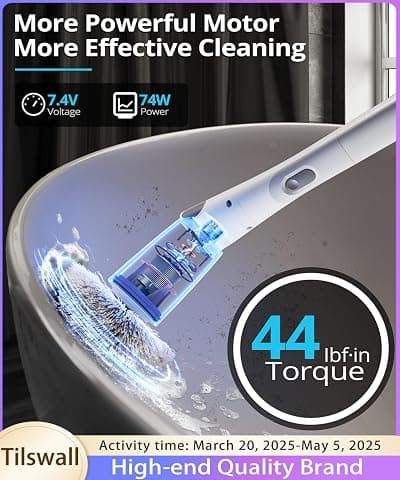 Tilswall Cordless Electric Spin Scrubber - Powered Shower & Tile Cleaning Brush with Detachable Handle, 2-Speed Modes & Extra Battery, for Bathroom Tub/Glass/Car Windows White&grey