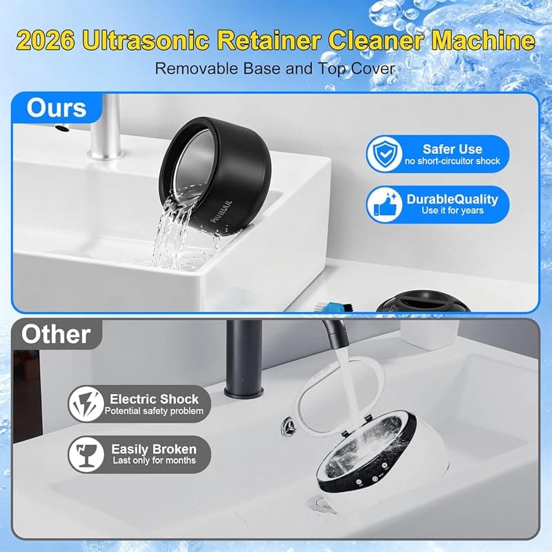 2026 Ultrasonic Retainer Cleaner Machine, Removable Base and Top Cover Black | 12 Months Warranty, Dental, Jewelry, Aligners, Braces, Night Guards, Mouth Guards Ultrasonic Retainer Cleaner Solution