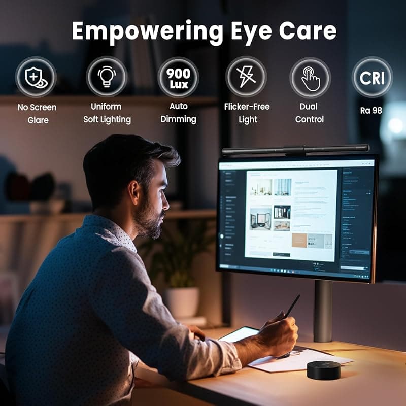 Quntis Computer Monitor Lamp, Screen Monitor Light Bar for Eye Caring, USB Reading LED Task Lamp with Auto-Dimming, Dimmable Light Bar, Touch Control, No Glare Space Saving Home Office Desk Lamps ScreenLinear Pro Gray